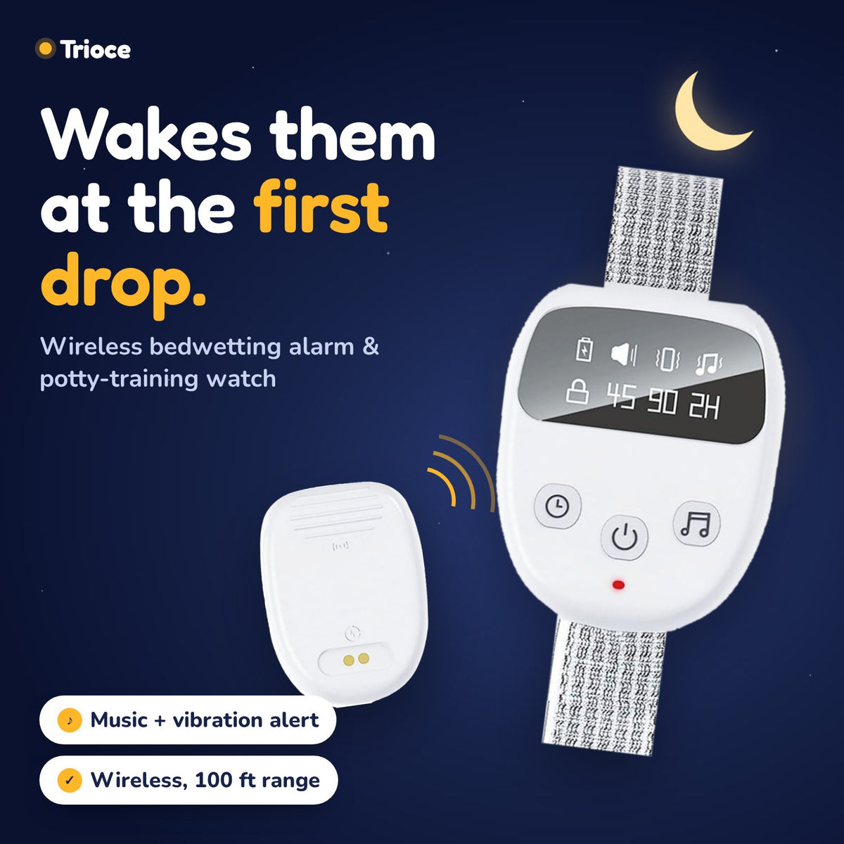 Trioce wireless bedwetting alarm watch and clip-on sensor